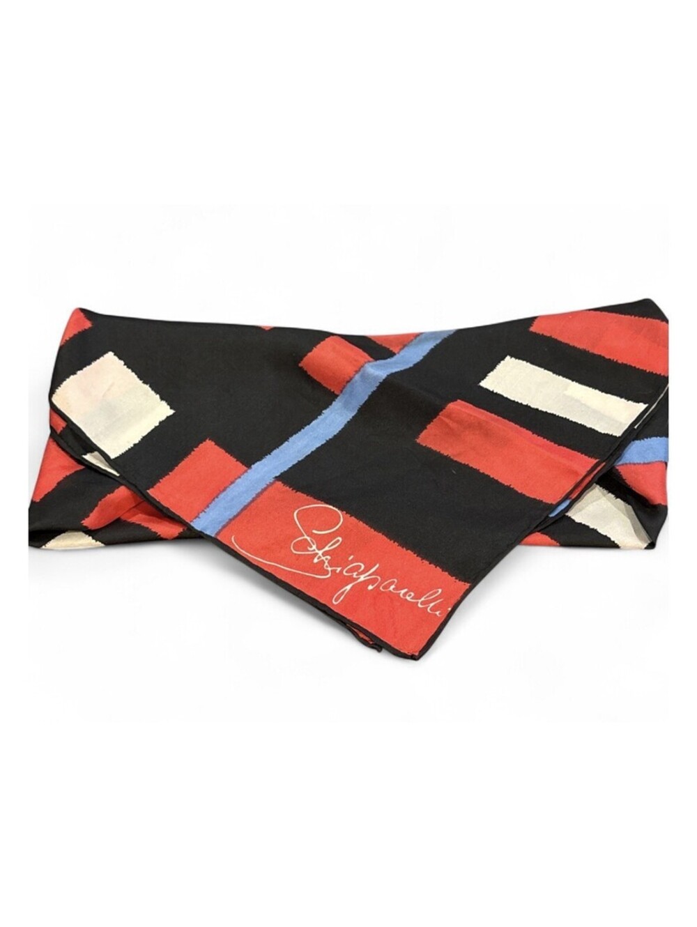 Schiaparelli 100% Silk 1960’s Geometric Grid Pattern Scarf Red Black White Blue